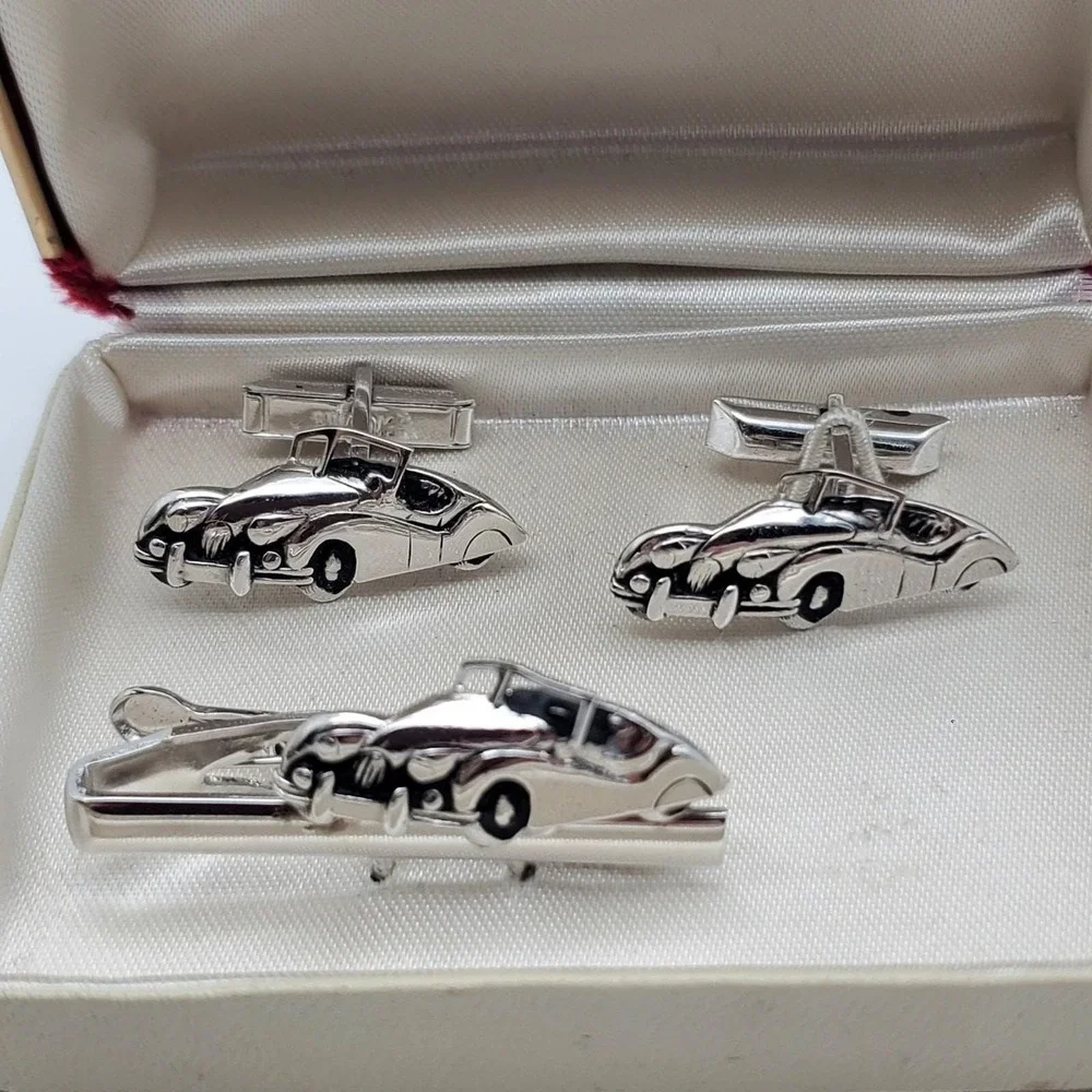Swank Convertible Cufflinks Tie Clip Silver Tone Tivoli Bar Clasp Classic Car